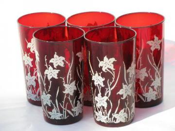 catalog photo of white flowers on royal ruby red glass tumblers, vintage glasses lot