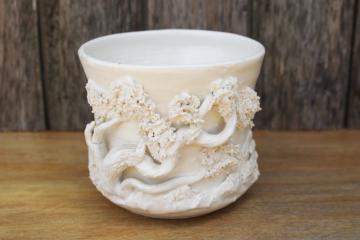 white glazed bonsai pot, hand sculpted pottery windswept cedar trees dimensional texture