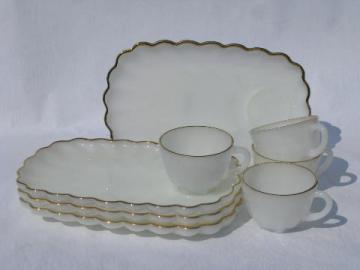 catalog photo of white w/ gold, shell edge star pattern vintage glass snack sets