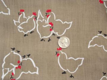 catalog photo of white hens and roosters on tan, 3 yds vintage chicken print cotton fabric