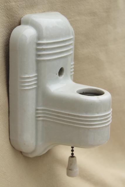 photo of white ironstone china wall sconce light, art deco vintage pull chain switch single bulb fixture #3