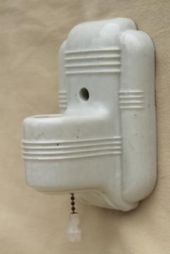 catalog photo of white ironstone china wall sconce light, art deco vintage pull chain switch single bulb fixture