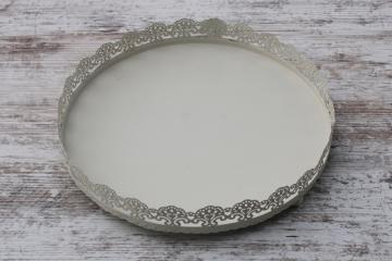 catalog photo of white lacy shabby chic round metal tray, girly cottagecore decor 