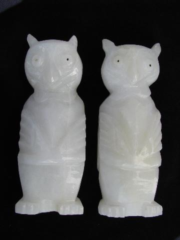 photo of white owls, pair vintage onyx stone book ends, Mexico #1