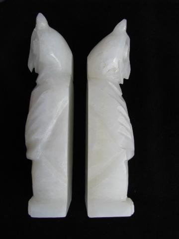 photo of white owls, pair vintage onyx stone book ends, Mexico #2