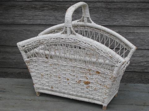 photo of white painted wicker reading stand magazine rack, shabby vintage chic #1