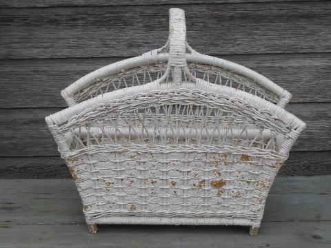 photo of white painted wicker reading stand magazine rack, shabby vintage chic #2