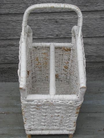 photo of white painted wicker reading stand magazine rack, shabby vintage chic #3