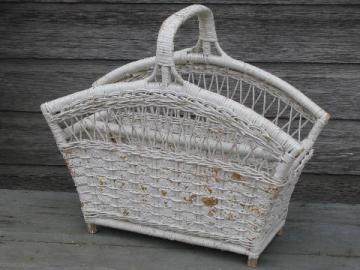 catalog photo of white painted wicker reading stand magazine rack, shabby vintage chic