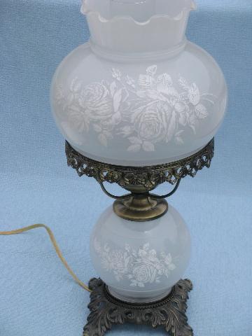 photo of white roses on silver grey glass hurricane shade parlor lamp, Quoizel? #1