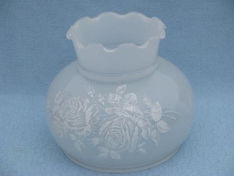 photo of white roses on silver grey glass hurricane shade parlor lamp, Quoizel? #3