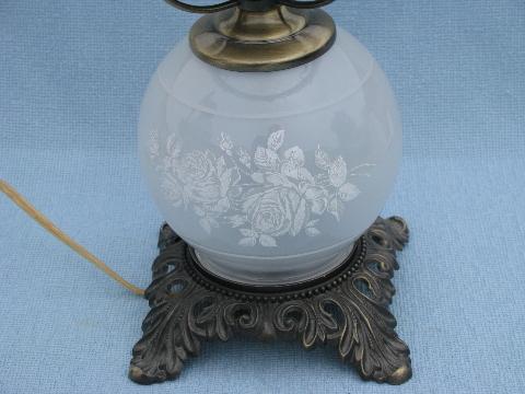 photo of white roses on silver grey glass hurricane shade parlor lamp, Quoizel? #4