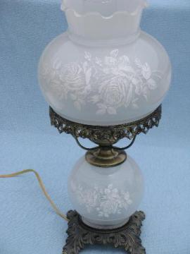 catalog photo of white roses on silver grey glass hurricane shade parlor lamp, Quoizel?