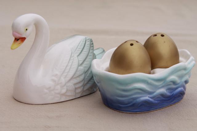 photo of white swan on nest dish holds golden eggs, vintage Japan ceramic S&P shakers set #7