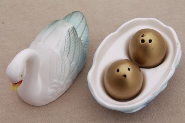 photo of white swan on nest dish holds golden eggs, vintage Japan ceramic S&P shakers set #8