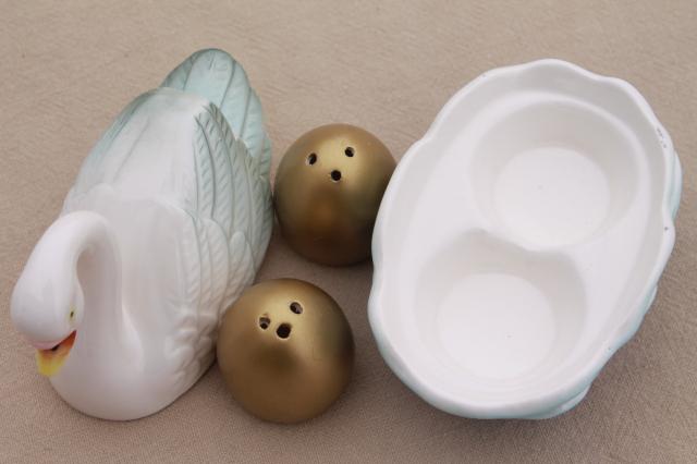 photo of white swan on nest dish holds golden eggs, vintage Japan ceramic S&P shakers set #9