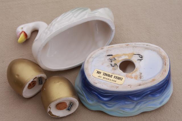 photo of white swan on nest dish holds golden eggs, vintage Japan ceramic S&P shakers set #10