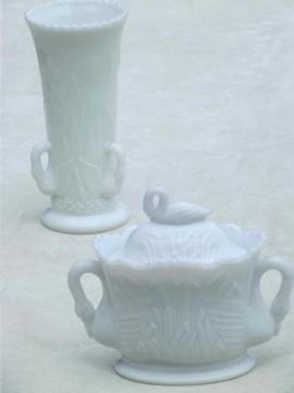 catalog photo of white swans milk glass vase & covered box, vintage Westmoreland glass