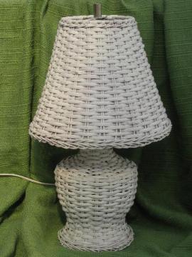 catalog photo of white wicker table or night stand lamp w/ shade, vintage cottage style