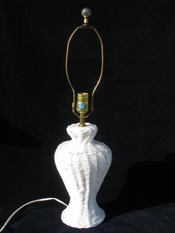 photo of white wicker urn-shaped table lamp w/ vintage glass ball finial #2