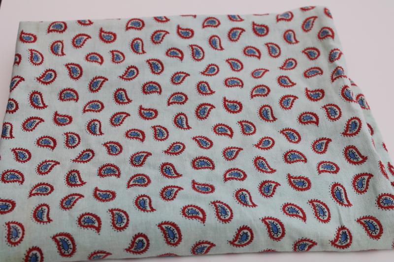 photo of whole sack feedsack vintage cotton fabric, red & blue paisley print on seafoam green #1