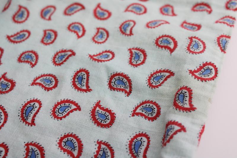 photo of whole sack feedsack vintage cotton fabric, red & blue paisley print on seafoam green #4