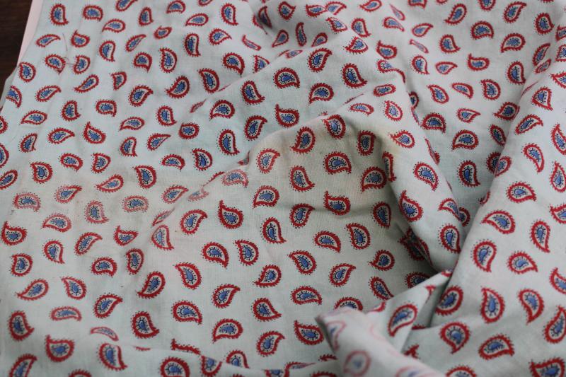 photo of whole sack feedsack vintage cotton fabric, red & blue paisley print on seafoam green #7