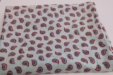 catalog photo of whole sack feedsack vintage cotton fabric, red & blue paisley print on seafoam green