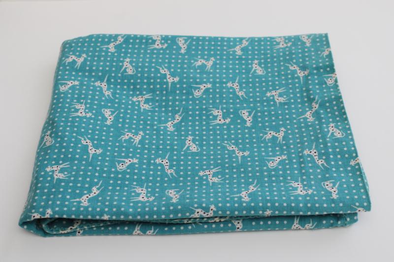 photo of whole sack vintage print cotton feedsack fabric, 1950s blue green w/ dalmatian dogs #1