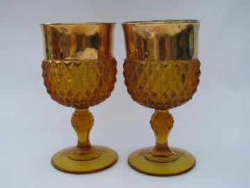 catalog photo of wide gold band, amber glass diamond point water glasses, vintage Indiana