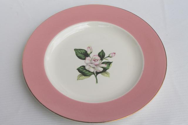 photo of wide pink border flowered china plates, Alliance Glenwood vintage Homer Laughlin #4