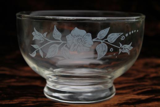 photo of wild rose floral pattern clear glass bowls, vintage Anchor Hocking glass w/ white flowers print #2