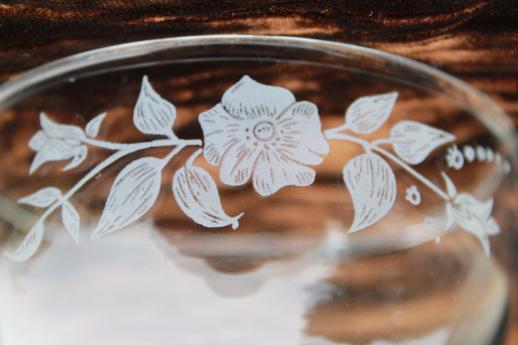 photo of wild rose floral pattern clear glass bowls, vintage Anchor Hocking glass w/ white flowers print #5