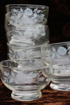 catalog photo of wild rose floral pattern clear glass bowls, vintage Anchor Hocking glass w/ white flowers print