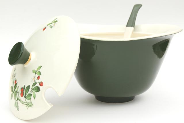 photo of wild strawberry pattern vintage soup tureen w/ ladle, red strawberries, dark green #1