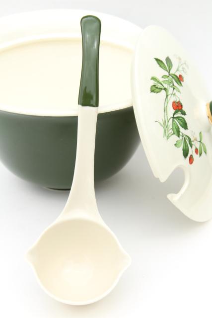 photo of wild strawberry pattern vintage soup tureen w/ ladle, red strawberries, dark green #2