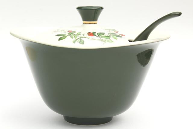 photo of wild strawberry pattern vintage soup tureen w/ ladle, red strawberries, dark green #3