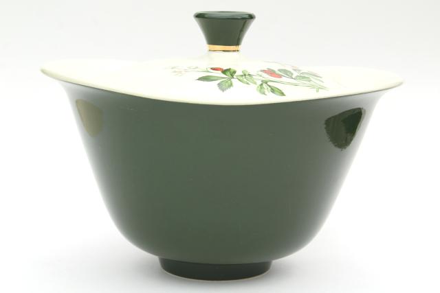 photo of wild strawberry pattern vintage soup tureen w/ ladle, red strawberries, dark green #4