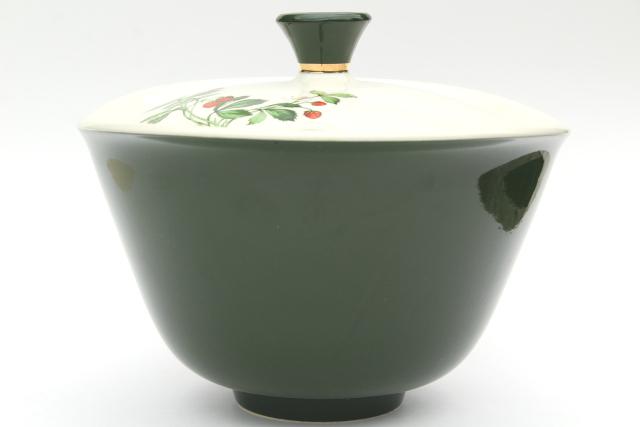 photo of wild strawberry pattern vintage soup tureen w/ ladle, red strawberries, dark green #5