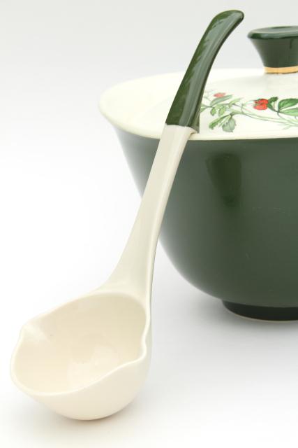 photo of wild strawberry pattern vintage soup tureen w/ ladle, red strawberries, dark green #6