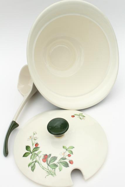 photo of wild strawberry pattern vintage soup tureen w/ ladle, red strawberries, dark green #7