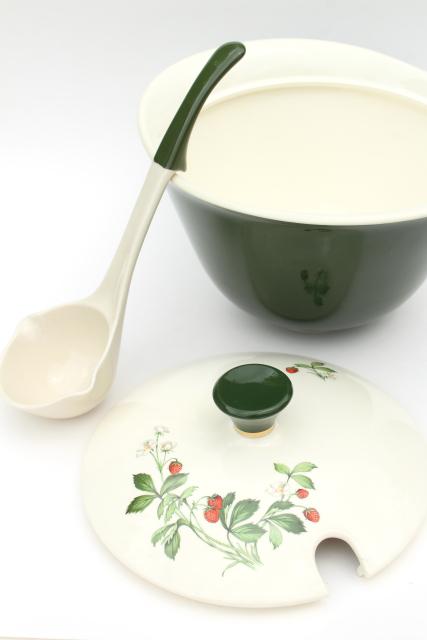 photo of wild strawberry pattern vintage soup tureen w/ ladle, red strawberries, dark green #10