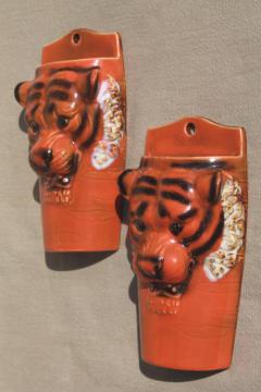 catalog photo of wild tiger wall pocket planters / vases, pair of retro ceramic tigers