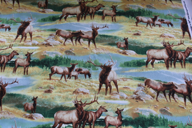 photo of wildlife print cotton quilting weight fabric, Wilmington Prints elk in the wilderness #1