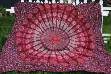 catalog photo of wine purple mandala India cotton fabric, retro hippie vintage tapestry curtain or bedspread