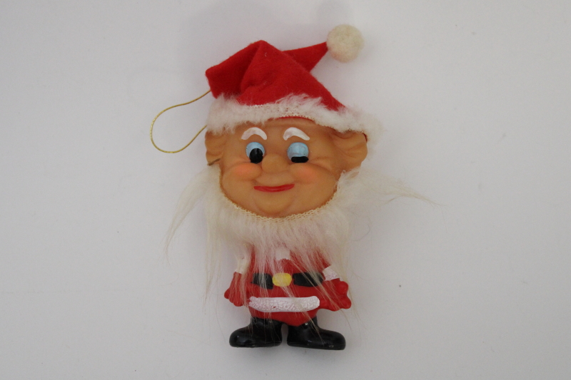 photo of winking plastic Santa Christmas ornament, vintage Ninohara Japan elf in Santa suit, furry beard #1