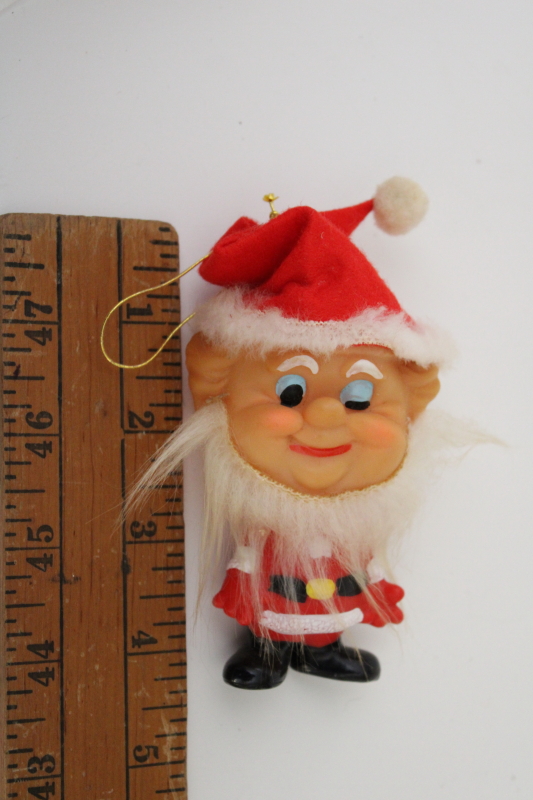 photo of winking plastic Santa Christmas ornament, vintage Ninohara Japan elf in Santa suit, furry beard #2