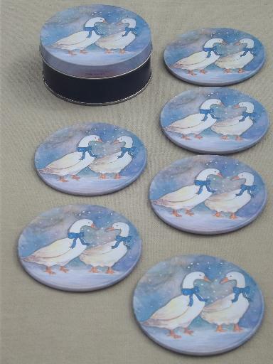 photo of winter snow geese goose w/ blue bow tin coasters set, 80s vintage #1