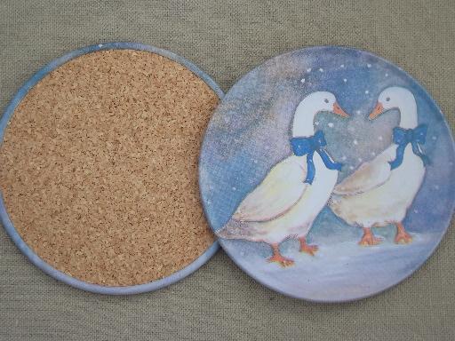 photo of winter snow geese goose w/ blue bow tin coasters set, 80s vintage #3