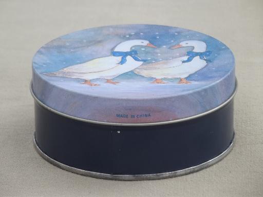 photo of winter snow geese goose w/ blue bow tin coasters set, 80s vintage #4